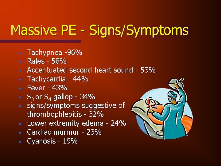 Massive PE - Signs/Symptoms • • • Tachypnea -96% Rales - 58% Accentuated second