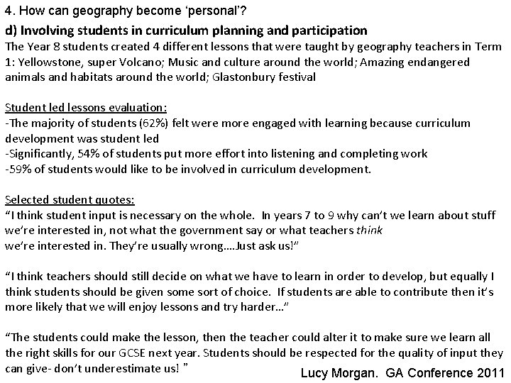 4. How can geography become ‘personal’? d) Involving students in curriculum planning and participation