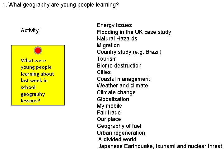 1. What geography are young people learning? Activity 1 What were young people learning