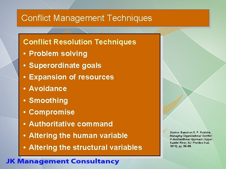 Conflict Management Techniques Conflict Resolution Techniques • Problem solving • Superordinate goals • Expansion