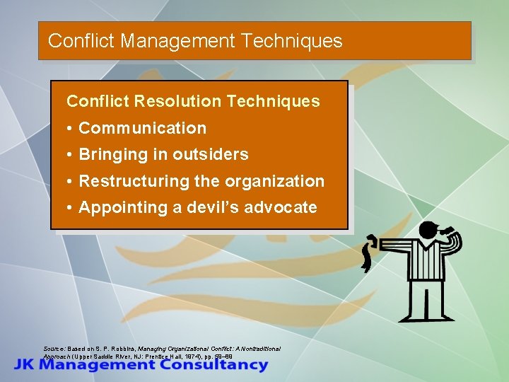 Conflict Management Techniques Conflict Resolution Techniques • Communication • Bringing in outsiders • Restructuring