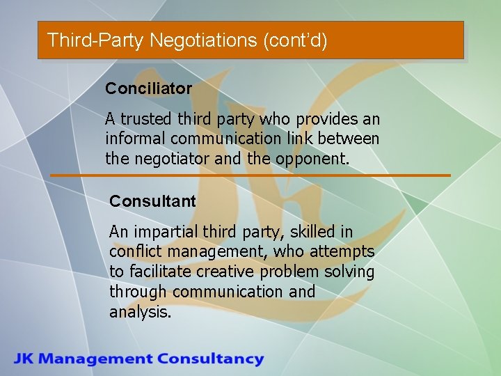 Third-Party Negotiations (cont’d) Conciliator A trusted third party who provides an informal communication link