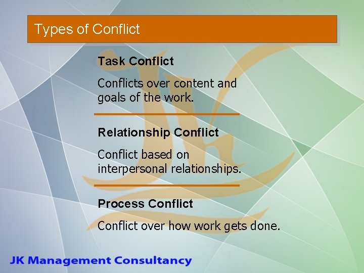 Types of Conflict Task Conflicts over content and goals of the work. Relationship Conflict