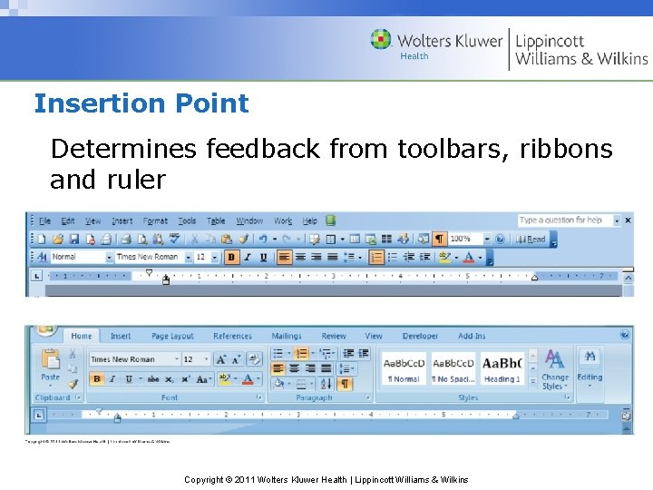 Insertion Point Determines feedback from toolbars, ribbons and ruler Copyright © 2011 Wolters Kluwer