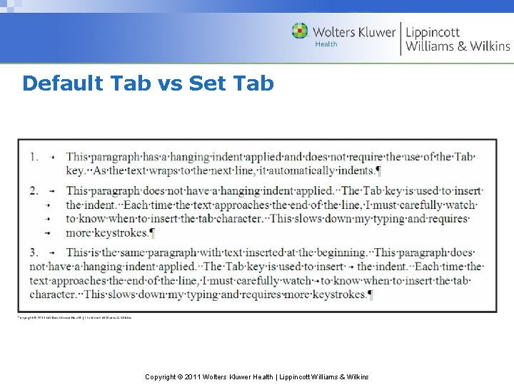 Default Tab vs Set Tab Copyright © 2011 Wolters Kluwer Health | Lippincott Williams