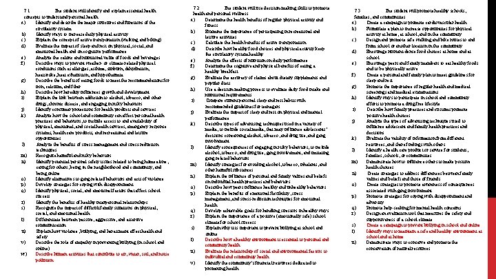 7. 1 The student will identify and explain essential health concepts to understand personal