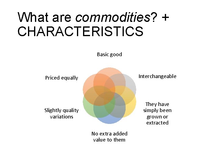 What are commodities? + CHARACTERISTICS Basic good Priced equally Interchangeable Slightly quality variations They