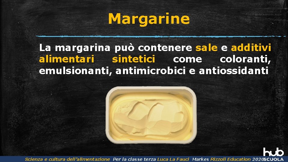 Margarine La margarina può contenere sale e additivi alimentari sintetici come coloranti, emulsionanti, antimicrobici