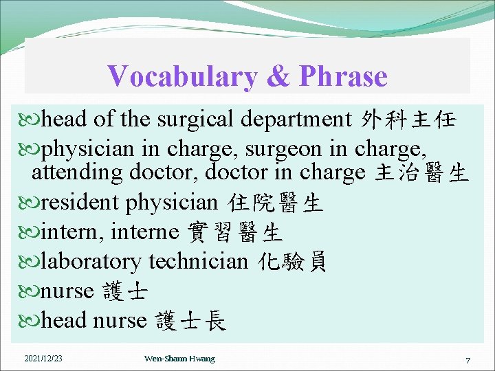 Vocabulary & Phrase head of the surgical department 外科主任 physician in charge, surgeon in