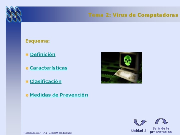 Tema 2: Virus de Computadoras Esquema: Definición Características Clasificación Medidas de Prevención Realizado por: Tema 2: Virus de Computadoras Esquema: Definición Características Clasificación Medidas de Prevención Realizado por: