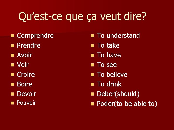 Qu’est-ce que ça veut dire? n n Comprendre Prendre Avoir Voir Croire Boire Devoir