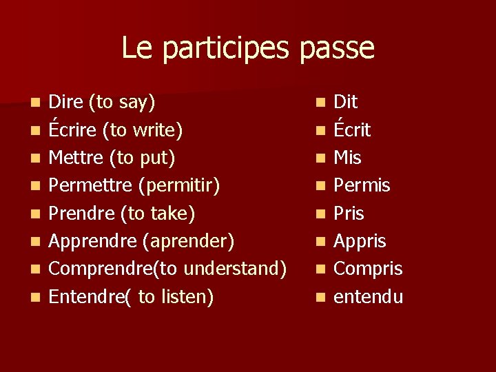 Le participes passe n n n n Dire (to say) Écrire (to write) Mettre