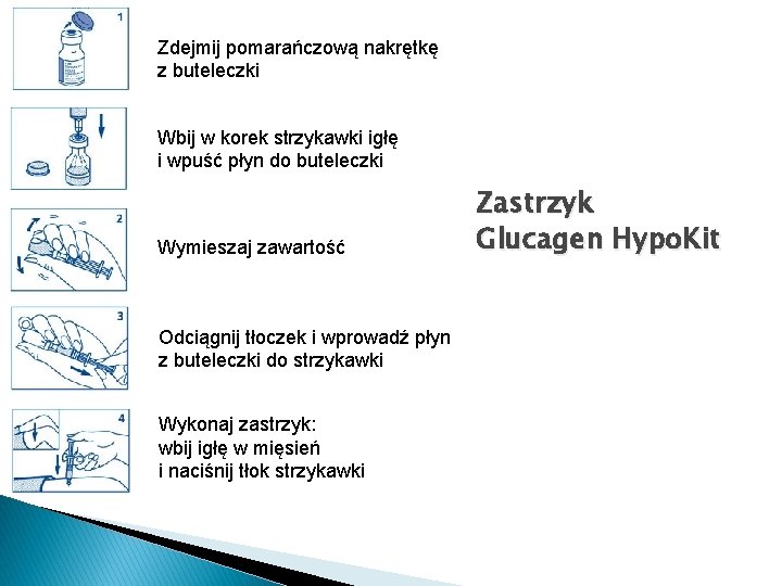 Zdejmij pomarańczową nakrętkę z buteleczki Wbij w korek strzykawki igłę i wpuść płyn do