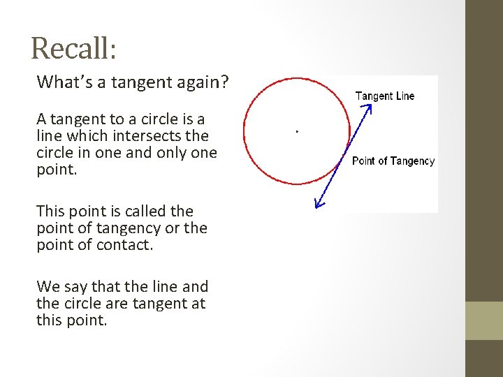 Recall: What’s a tangent again? A tangent to a circle is a line which