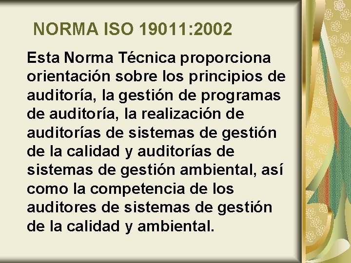 NORMA ISO 19011: 2002 Esta Norma Técnica proporciona orientación sobre los principios de auditoría,