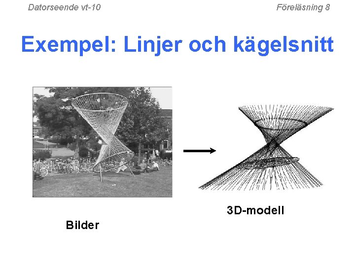 Datorseende vt-10 Föreläsning 8 Exempel: Linjer och kägelsnitt 3 D-modell Bilder 