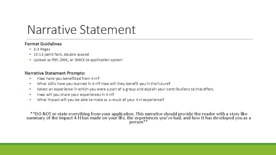 Narrative Statement Format Guidelines 2 -3 Pages 10 -12 point font, double spaced Upload Narrative Statement Format Guidelines 2 -3 Pages 10 -12 point font, double spaced Upload
