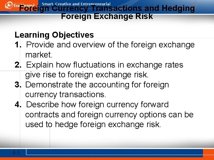 Foreign Currency Transactions and Hedging Foreign Exchange Risk Learning Objectives 1. Provide and overview