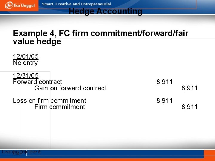 Hedge Accounting Example 4, FC firm commitment/forward/fair value hedge 12/01/05 No entry 12/31/05 Forward