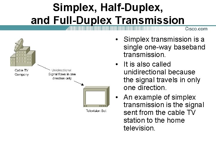 Simplex, Half-Duplex, and Full-Duplex Transmission • Simplex transmission is a single one-way baseband transmission.