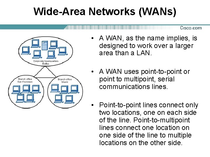 Wide-Area Networks (WANs) • A WAN, as the name implies, is designed to work