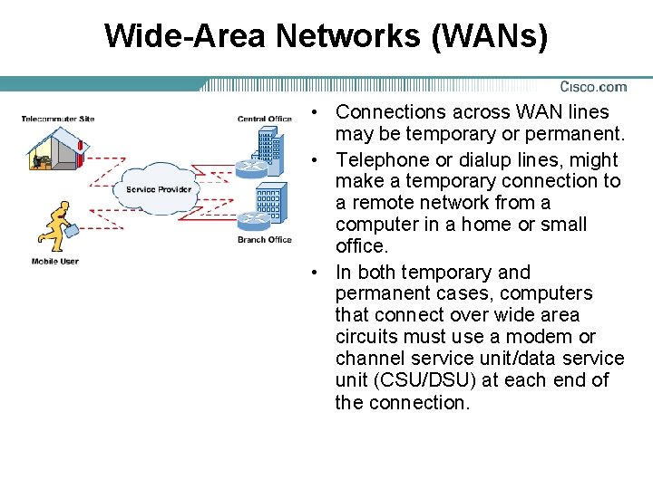Wide-Area Networks (WANs) • Connections across WAN lines may be temporary or permanent. •