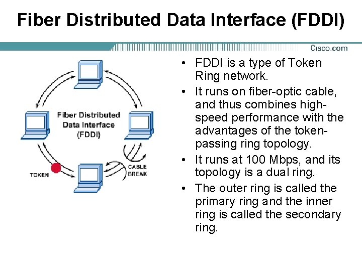 Fiber Distributed Data Interface (FDDI) • FDDI is a type of Token Ring network.