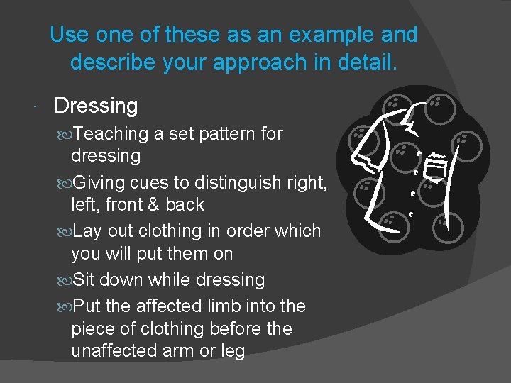 Use one of these as an example and describe your approach in detail. Dressing