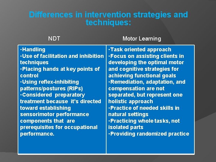Differences in intervention strategies and techniques: NDT • Handling • Use of facilitation and
