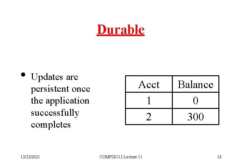 Durable • Updates are persistent once the application successfully completes 12/22/2021 Acct 1 2