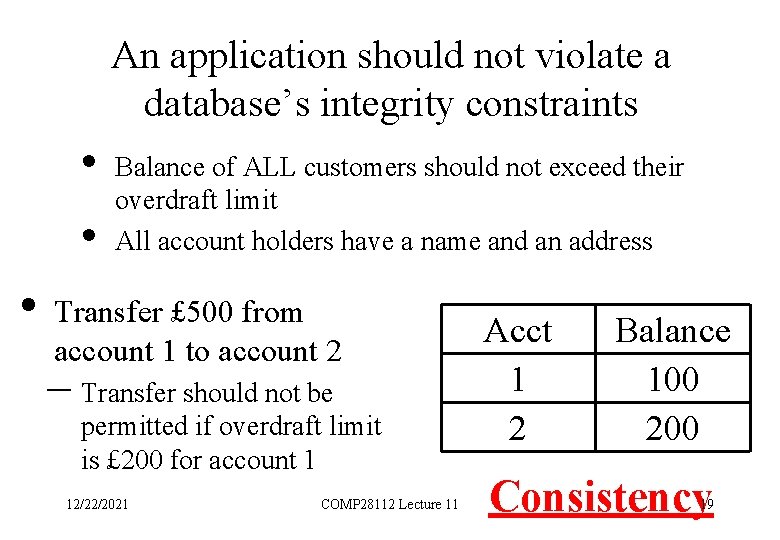 An application should not violate a database’s integrity constraints • • Balance of ALL