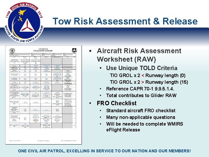Tow Risk Assessment & Release • Aircraft Risk Assessment Worksheet (RAW) • Use Unique