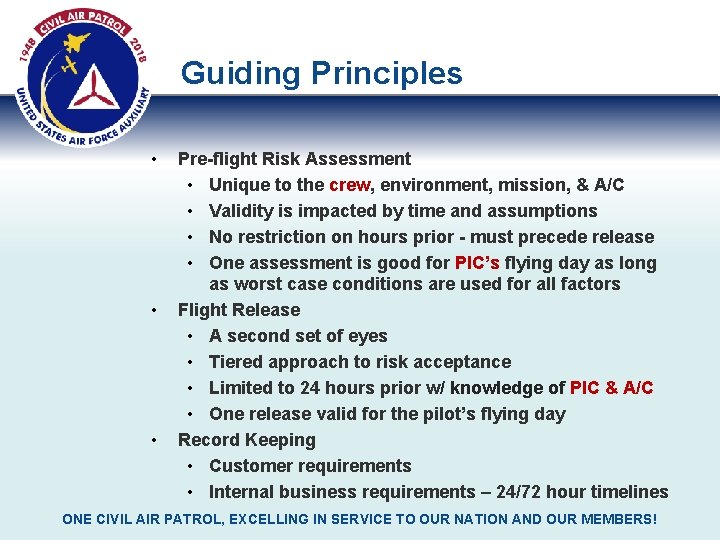 Guiding Principles • • • Pre-flight Risk Assessment • Unique to the crew, environment,