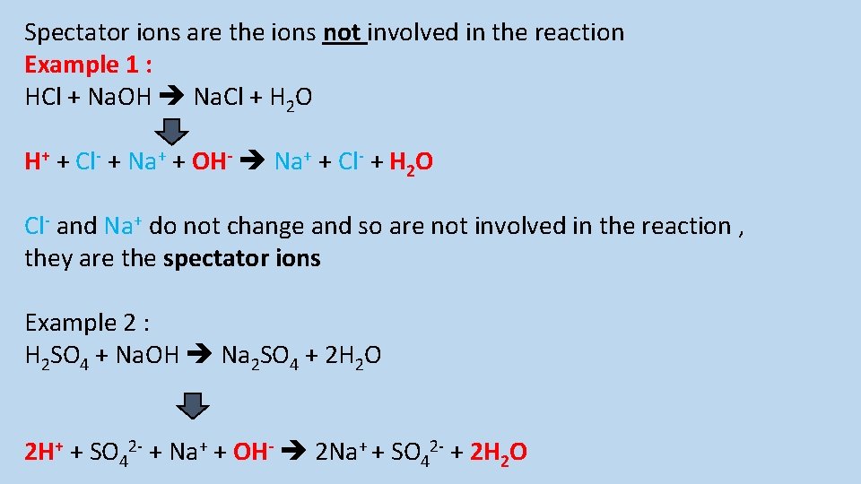 Spectator ions are the ions not involved in the reaction Example 1 : HCl