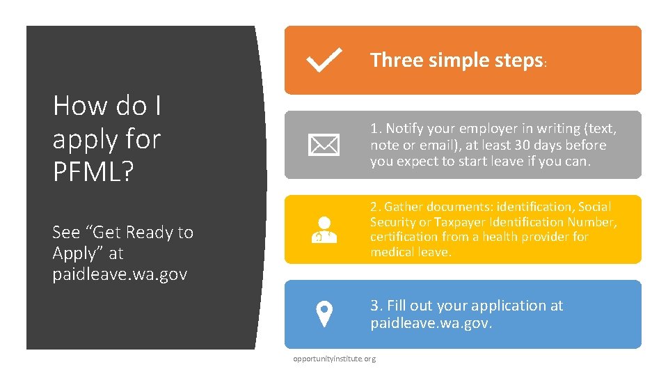 Three simple steps: How do I apply for PFML? See “Get Ready to Apply”
