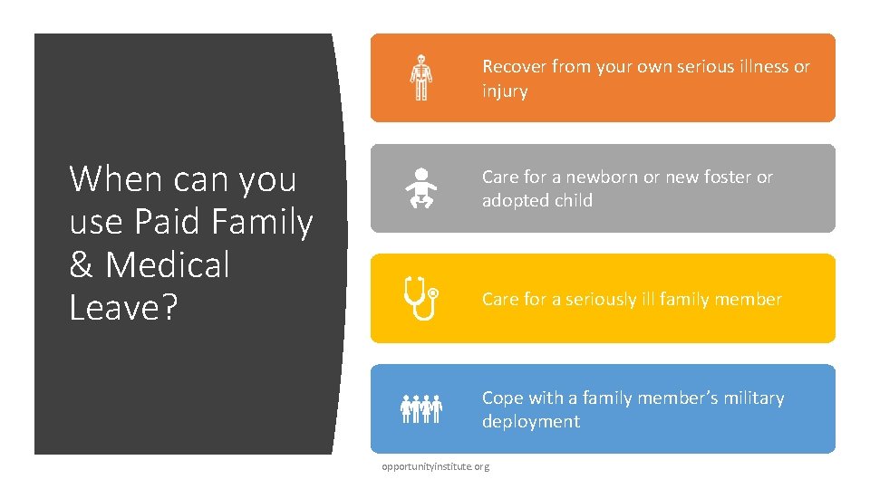 Recover from your own serious illness or injury When can you use Paid Family
