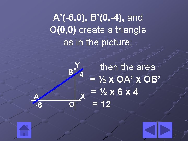 A’(-6, 0), B’(0, -4), and O(0, 0) create a triangle as in the picture: A’(-6, 0), B’(0, -4), and O(0, 0) create a triangle as in the picture: