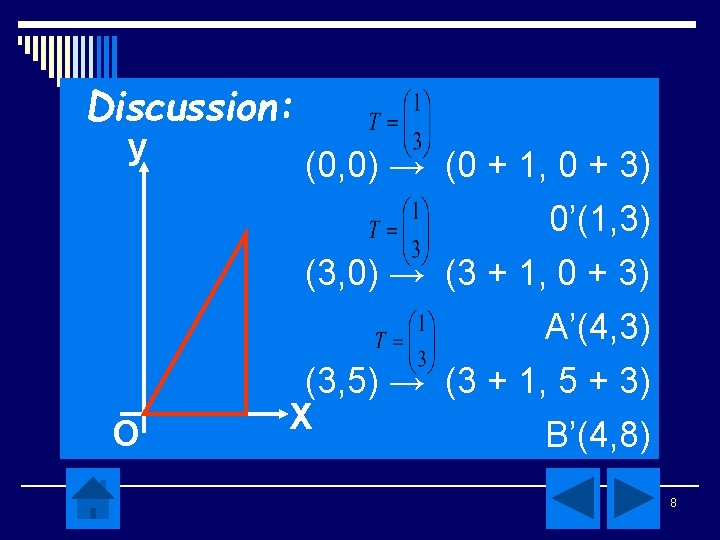 Discussion: y (0, 0) → (0 + 1, 0 + 3) 0’(1, 3) (3, Discussion: y (0, 0) → (0 + 1, 0 + 3) 0’(1, 3) (3,