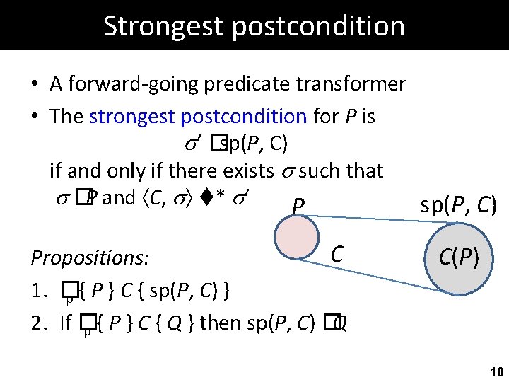 Strongest postcondition • A forward-going predicate transformer • The strongest postcondition for P is
