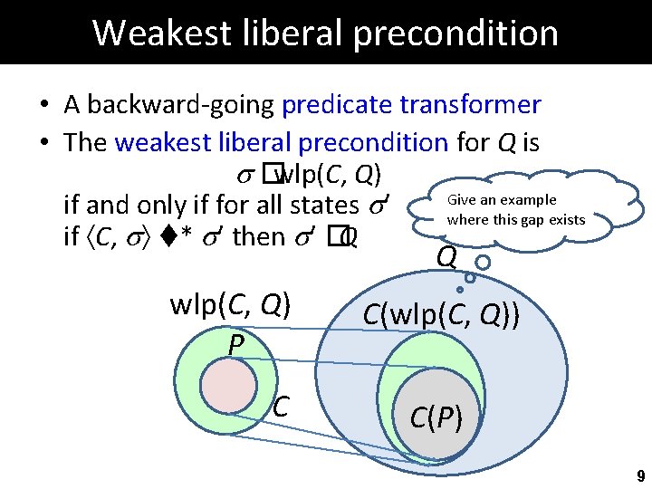 Weakest liberal precondition • A backward-going predicate transformer • The weakest liberal precondition for