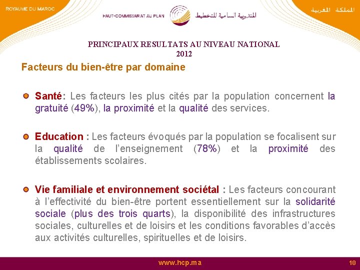 PRINCIPAUX RESULTATS AU NIVEAU NATIONAL 2012 Facteurs du bien-être par domaine Santé: Les facteurs