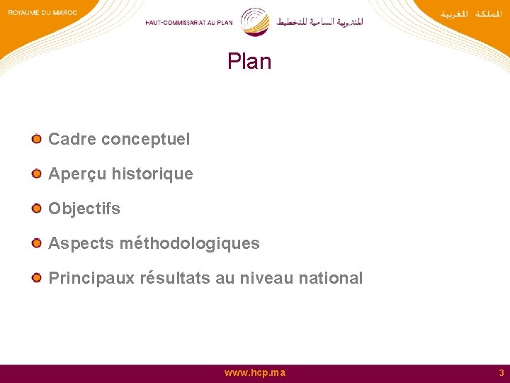 Plan Cadre conceptuel Aperçu historique Objectifs Aspects méthodologiques Principaux résultats au niveau national www.