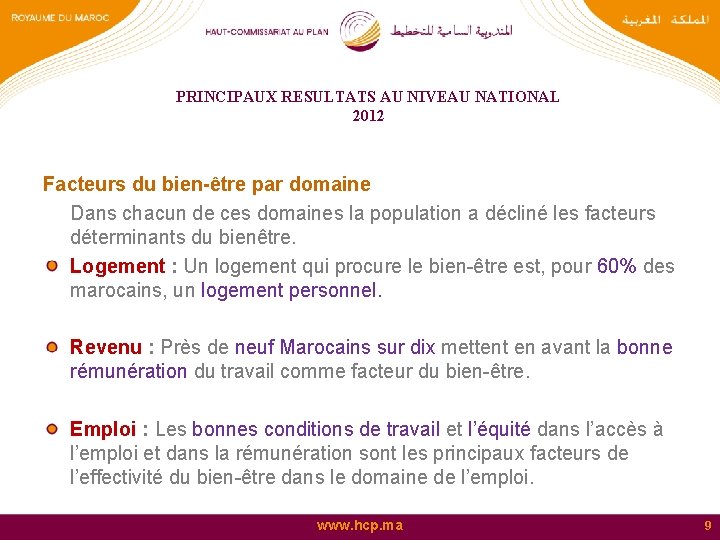 PRINCIPAUX RESULTATS AU NIVEAU NATIONAL 2012 Facteurs du bien-être par domaine Dans chacun de