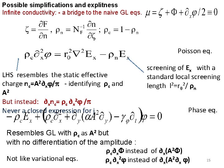 Possible simplifications and explitness Infinite conductivity: - a bridge to the naive GL eqs.