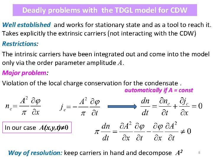 Deadly problems with the TDGL model for CDW Well established and works for stationary