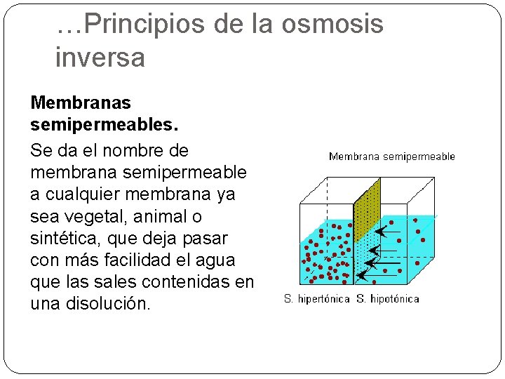 …Principios de la osmosis inversa Membranas semipermeables. Se da el nombre de membrana semipermeable