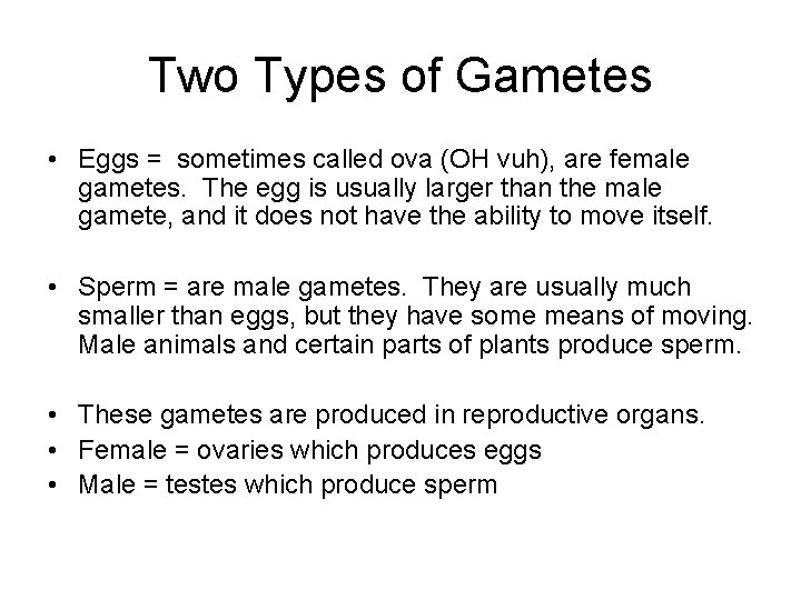 Two Types of Gametes • Eggs = sometimes called ova (OH vuh), are female Two Types of Gametes • Eggs = sometimes called ova (OH vuh), are female