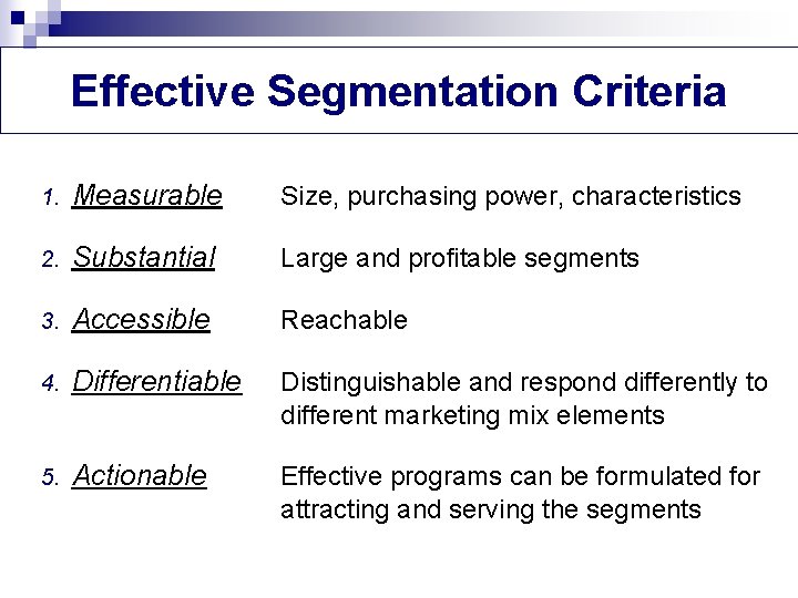 Effective Segmentation Criteria 1. Measurable Size, purchasing power, characteristics 2. Substantial Large and profitable