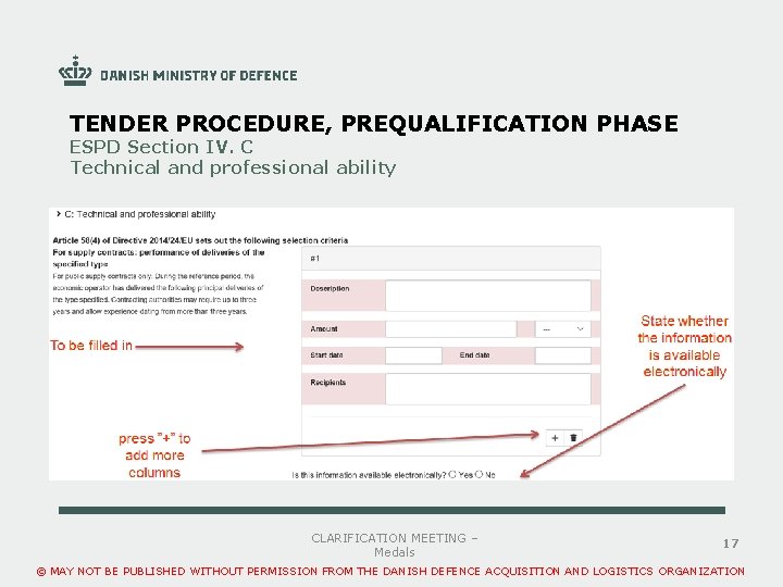 TENDER PROCEDURE, PREQUALIFICATION PHASE ESPD Section IV. C Technical and professional ability . CLARIFICATION