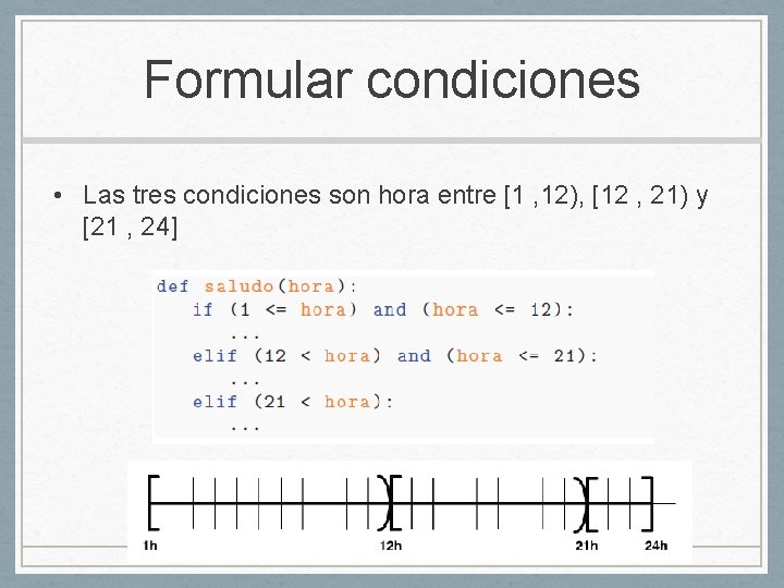 Formular condiciones • Las tres condiciones son hora entre [1 , 12), [12 ,